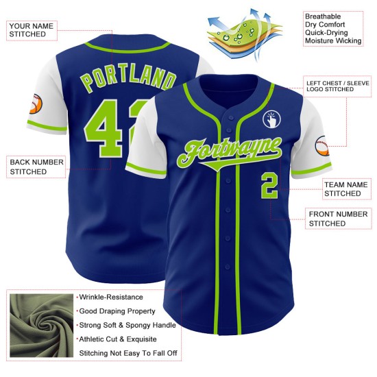Maillot de baseball authentique néon bicolore personnalisé vert royal-blanc Maillot de baseball authentique néon bicolore personnalisé vert royal-blanc