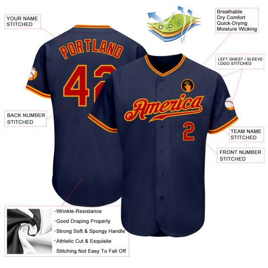 Maillot de baseball bleu marine authentique personnalisé rouge-or Maillot de baseball bleu marine authentique personnalisé rouge-or