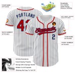 Maillot de baseball bleu marine à rayures fines, authentique, rouge et blanc Maillot de baseball bleu marine à rayures fines, authentique, rouge et blanc