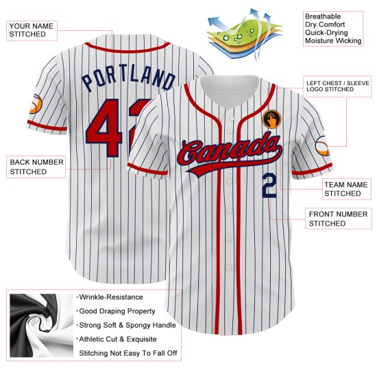 Maillot de baseball bleu marine à rayures fines, authentique, rouge et blanc Maillot de baseball bleu marine à rayures fines, authentique, rouge et blanc