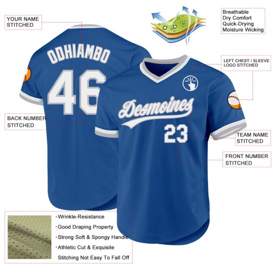 Maillot de baseball authentique blanc-gris personnalisé bleu Maillot de baseball authentique blanc-gris personnalisé bleu