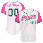 Maillot de baseball Kelly blanc authentique, personnalisé, manches raglan roses à fines rayures vertes et roses Maillot de baseball Kelly blanc authentique, personnalisé, manches raglan roses à fines rayures vertes et roses
