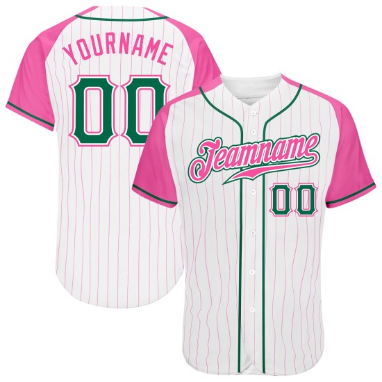 Maillot de baseball Kelly blanc authentique, personnalisé, manches raglan roses à fines rayures vertes et roses Maillot de baseball Kelly blanc authentique, personnalisé, manches raglan roses à fines rayures vertes et roses