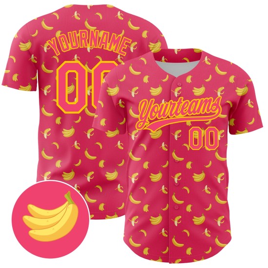 Maillot de baseball personnalisé rose avec motif 3D authentique de fruits, banane et néon jaune Maillot de baseball personnalisé rose avec motif 3D authentique de fruits, banane et néon jaune