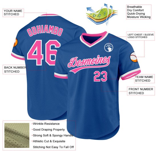 Maillot de baseball authentique personnalisé rose-blanc bleu rétro Maillot de baseball authentique personnalisé rose-blanc bleu rétro
