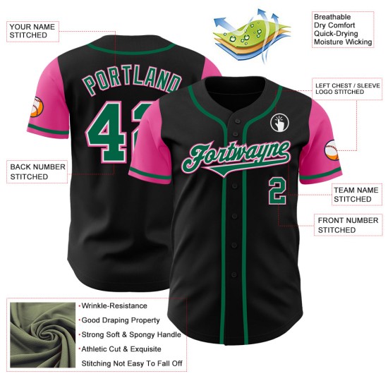 Maillot de baseball personnalisé Kelly Tone noir deux vert-rose authentique Maillot de baseball personnalisé Kelly Tone noir deux vert-rose authentique