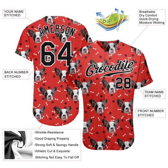 Maillot de baseball personnalisé à motif 3D noir et blanc avec motif authentique de chiens, rouge Maillot de baseball personnalisé à motif 3D noir et blanc avec motif authentique de chiens, rouge