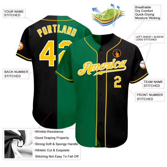 Maillot de baseball vert personnalisé Split, noir, doré et authentique Kelly Maillot de baseball vert personnalisé Split, noir, doré et authentique Kelly