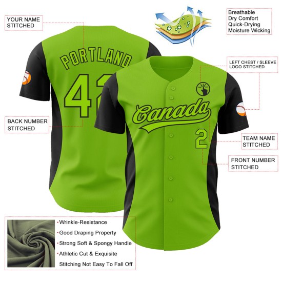 Maillot de baseball à rayures latérales personnalisées, motif 3D, noir, vert fluo, authentique Maillot de baseball à rayures latérales personnalisées, motif 3D, noir, vert fluo, authentique