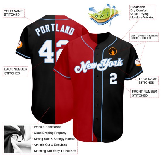 Maillot de baseball bleu, blanc, rouge et noir, authentique, à la mode, personnalisé, léger et fendu Maillot de baseball bleu, blanc, rouge et noir, authentique, à la mode, personnalisé, léger et fendu