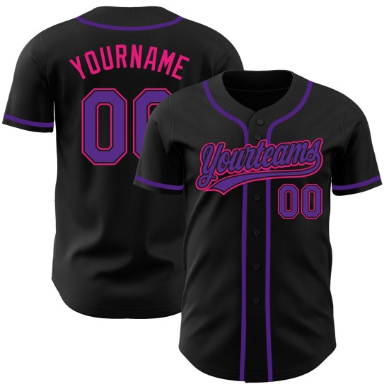 Maillot de baseball noir authentique personnalisé rose violet-chaud Maillot de baseball noir authentique personnalisé rose violet-chaud
