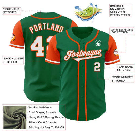 Maillot de baseball authentique blanc-orange deux couleurs personnalisées Kelly Green Maillot de baseball authentique blanc-orange deux couleurs personnalisées Kelly Green