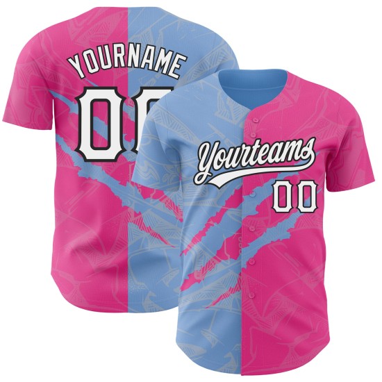 Maillot de baseball personnalisé motif graffiti rose bleu-noir 3D à gratter léger authentique Maillot de baseball personnalisé motif graffiti rose bleu-noir 3D à gratter léger authentique