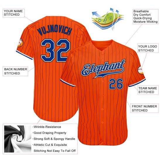 Maillot de baseball à fines rayures noir orange royal-noir authentique personnalisé Maillot de baseball à fines rayures noir orange royal-noir authentique personnalisé