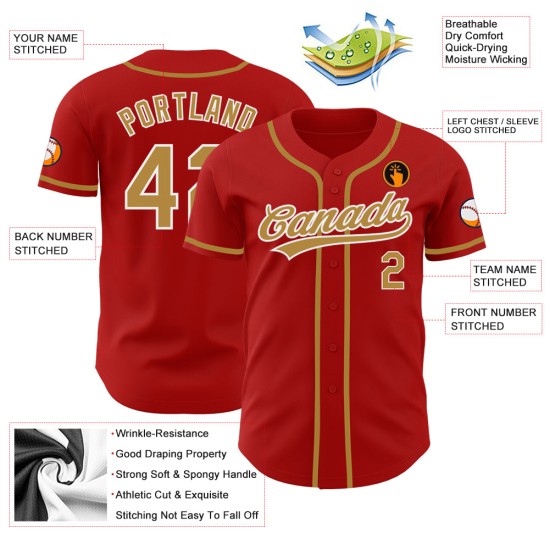 Maillot de baseball rouge authentique, personnalisé, doré et blanc Maillot de baseball rouge authentique, personnalisé, doré et blanc