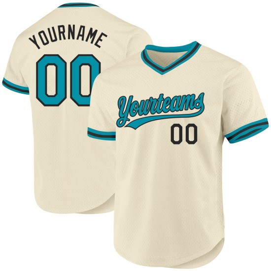 Maillot de baseball authentique à imprimé crème bleu sarcelle et noir, personnalisé Maillot de baseball authentique à imprimé crème bleu sarcelle et noir, personnalisé
