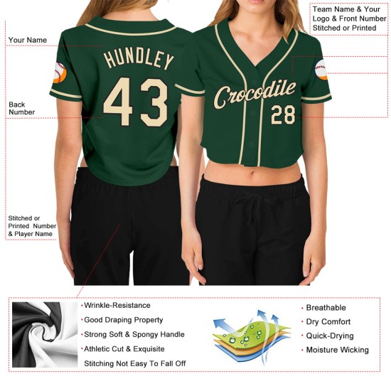 Maillot de baseball court vert à col en V pour femme, couleur crème et noir Maillot de baseball court vert à col en V pour femme, couleur crème et noir