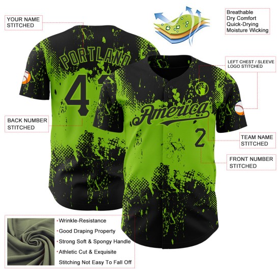 Maillot de baseball personnalisé noir avec motif 3D néon abstrait et design grunge vert Maillot de baseball personnalisé noir avec motif 3D néon abstrait et design grunge vert
