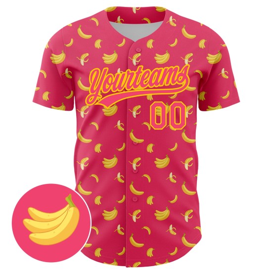 Maillot de baseball personnalisé rose avec motif 3D authentique de fruits, banane et néon jaune Maillot de baseball personnalisé rose avec motif 3D authentique de fruits, banane et néon jaune