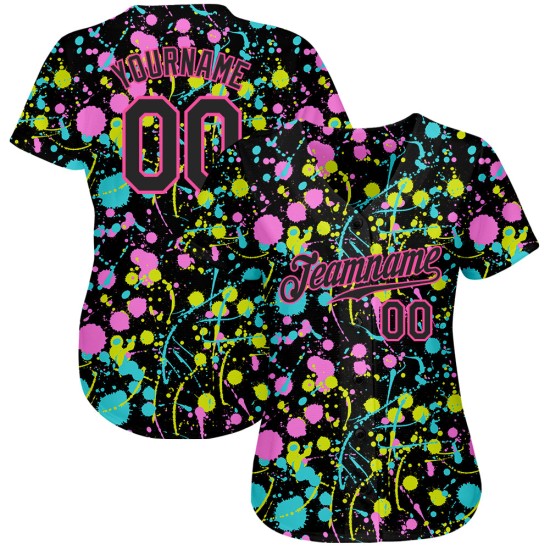 Maillot de baseball personnalisé avec motif graffiti 3D, néon noir et rose, éclaboussures authentiques Maillot de baseball personnalisé avec motif graffiti 3D, néon noir et rose, éclaboussures authentiques