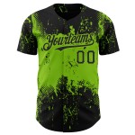 Maillot de baseball personnalisé noir avec motif 3D néon abstrait et design grunge vert Maillot de baseball personnalisé noir avec motif 3D néon abstrait et design grunge vert
