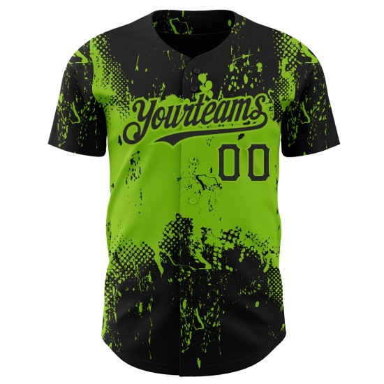 Maillot de baseball personnalisé noir avec motif 3D néon abstrait et design grunge vert Maillot de baseball personnalisé noir avec motif 3D néon abstrait et design grunge vert