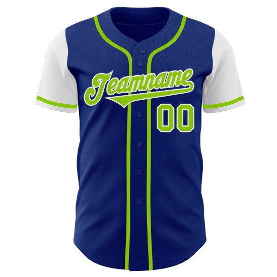 Maillot de baseball authentique néon bicolore personnalisé vert royal-blanc Maillot de baseball authentique néon bicolore personnalisé vert royal-blanc