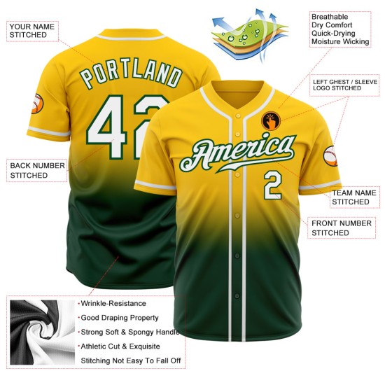 Maillot de baseball authentique jaune délavé, personnalisé, mode blanc-vert Maillot de baseball authentique jaune délavé, personnalisé, mode blanc-vert