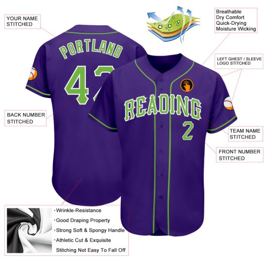 Maillot de baseball violet authentique vert-blanc personnalisé fluo Maillot de baseball violet authentique vert-blanc personnalisé fluo