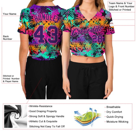 Maillot violet-rose pour femme, motif baseball néon 3D brillant, col en V, couleurs graffiti, coupe courte Maillot violet-rose pour femme, motif baseball néon 3D brillant, col en V, couleurs graffiti, coupe courte