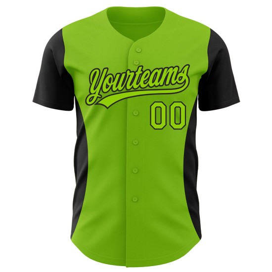Maillot de baseball à rayures latérales personnalisées, motif 3D, noir, vert fluo, authentique Maillot de baseball à rayures latérales personnalisées, motif 3D, noir, vert fluo, authentique