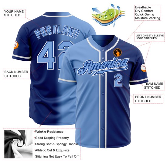 Maillot de baseball dégradé bleu-blanc authentique, personnalisé, royal Maillot de baseball dégradé bleu-blanc authentique, personnalisé, royal