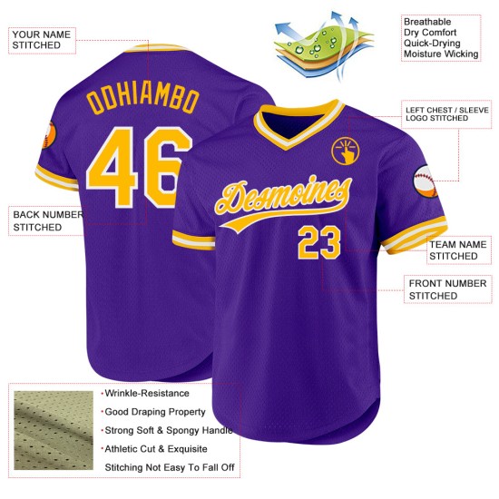 Maillot de baseball authentique personnalisé violet rétro doré et blanc Maillot de baseball authentique personnalisé violet rétro doré et blanc