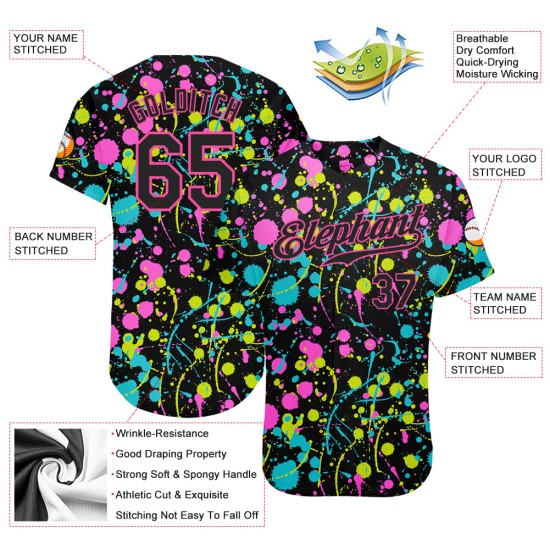 Maillot de baseball personnalisé avec motif graffiti 3D, néon noir et rose, éclaboussures authentiques Maillot de baseball personnalisé avec motif graffiti 3D, néon noir et rose, éclaboussures authentiques