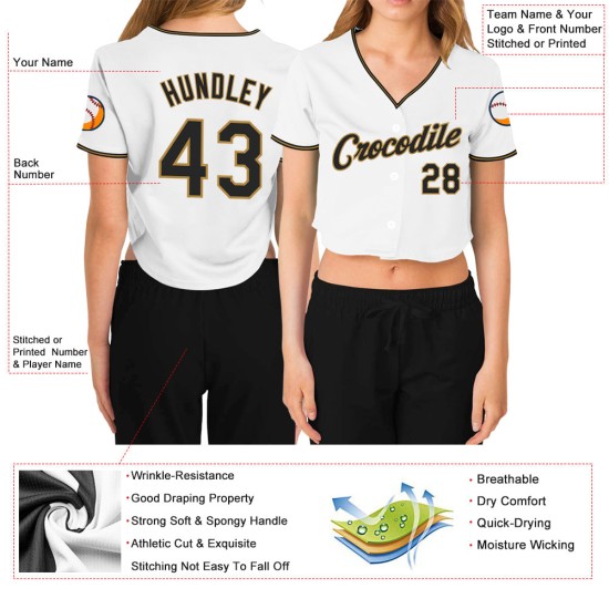Maillot de baseball court blanc doré et noir pour femme, col en V, personnalisé Maillot de baseball court blanc doré et noir pour femme, col en V, personnalisé