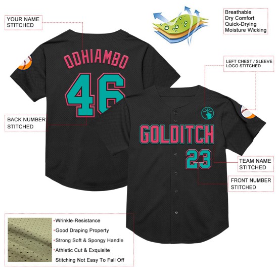 Maillot de baseball authentique en maille personnalisée noir rétro rose aqua-néon Maillot de baseball authentique en maille personnalisée noir rétro rose aqua-néon