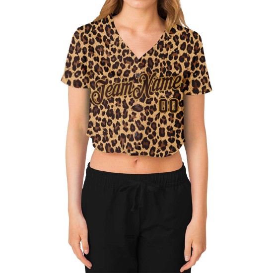 Maillot de baseball court 3D personnalisé à col en V pour femme, motif léopard marron et vieux Maillot de baseball court 3D personnalisé à col en V pour femme, motif léopard marron et vieux