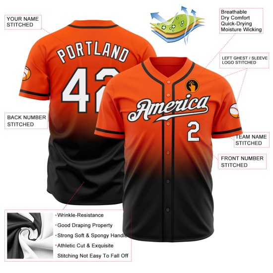 Maillot de baseball authentique à effet dégradé personnalisé, blanc et noir, orange tendance Maillot de baseball authentique à effet dégradé personnalisé, blanc et noir, orange tendance