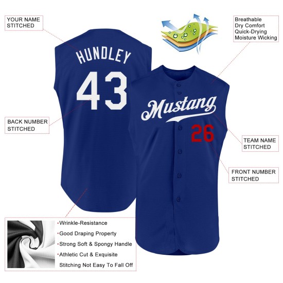 Maillot de baseball authentique sans manches Royal Custom blanc-rouge Maillot de baseball authentique sans manches Royal Custom blanc-rouge
