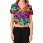 Maillot violet-rose pour femme, motif baseball néon 3D brillant, col en V, couleurs graffiti, coupe courte Maillot violet-rose pour femme, motif baseball néon 3D brillant, col en V, couleurs graffiti, coupe courte