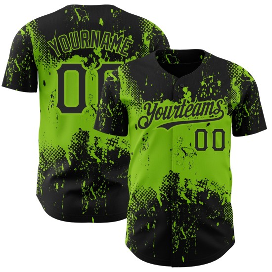 Maillot de baseball personnalisé noir avec motif 3D néon abstrait et design grunge vert Maillot de baseball personnalisé noir avec motif 3D néon abstrait et design grunge vert