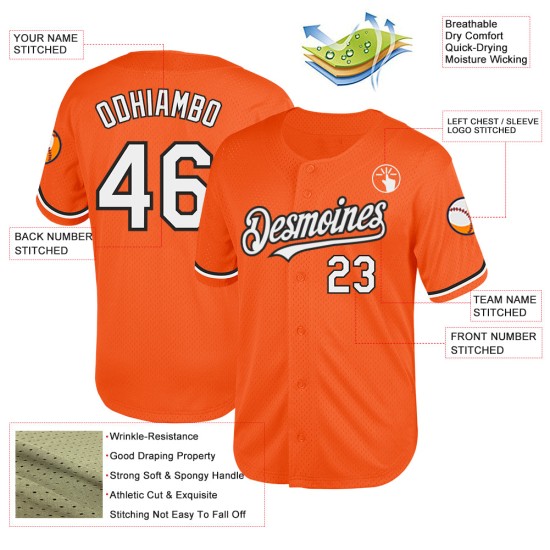 Maillot de baseball personnalisé blanc-noir authentique en maille orange rétro Maillot de baseball personnalisé blanc-noir authentique en maille orange rétro